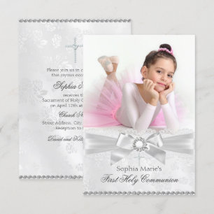 Diamond Bow & Cross Photo First Holy Communion Invitation