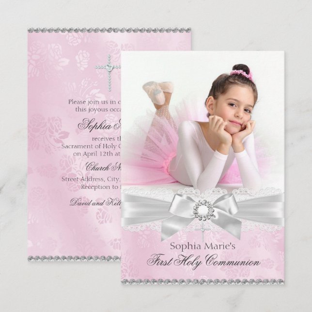 Diamond Bow Pink Photo First Holy Communion Invitation (Front/Back)