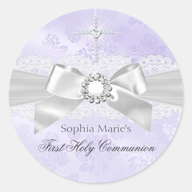 Diamond Bow Purple First Holy Communion Sticker (Front)