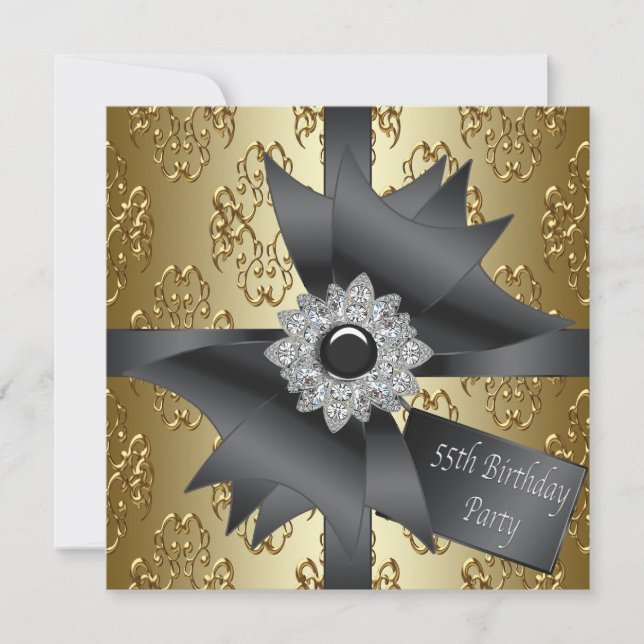 Diamond Bow Womans Black Gold 55th Birthday Party Invitation (Front)