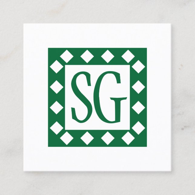 Diamond Box - Initials - Forest Green Square Business Card (Front)