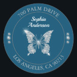 Diamond Butterfly, DIY Return Address, Ocean Blue Classic Round Sticker<br><div class="desc">Personalize this diamond butterfly return address sticker with your name and address on ocean blue background and one grey circle with grey text. Click “Customize” to change colours and type styles.</div>
