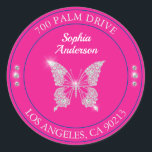 Diamond Butterfly, Fuchsia, Name & Return Address Classic Round Sticker<br><div class="desc">Personalize this diamond butterfly return address sticker with your name and address on fuchsia background and blue circles with white and grey text.</div>