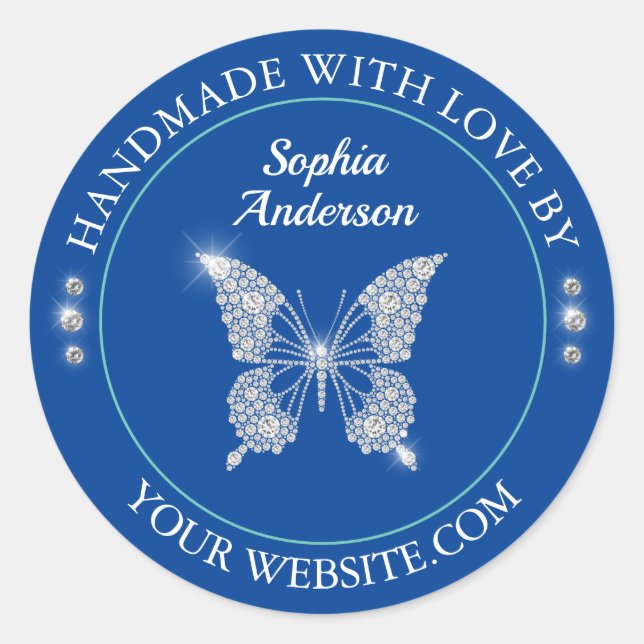 Diamond Butterfly, Handmade With Love, Deep Blue Classic Round Sticker (Front)