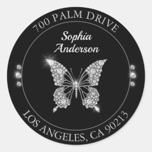 Diamond Butterfly, Return Address Black Circle Classic Round Sticker