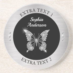 Diamond Butterfly, Silver Metal, Name/Info, Black Coaster