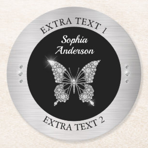 Diamond Butterfly, Silver Metal, Name/Info, Black Round Paper Coaster