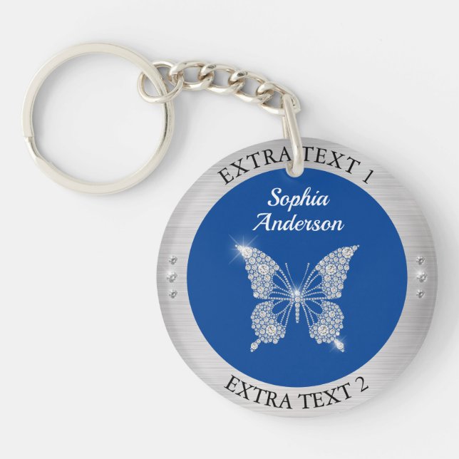 Diamond Butterfly Silver Metal Name/Info Deep Blue Keychain (Front)