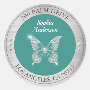 Diamond Butterfly, Silver Metal Return Address Classic Round Sticker