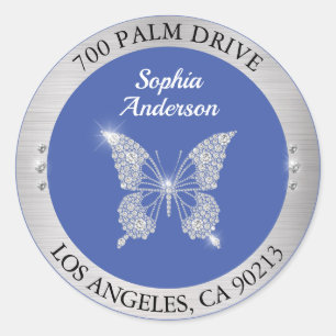 Diamond Butterfly, Silver Return Address, Med Blue Classic Round Sticker