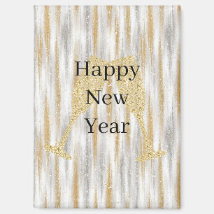 Diamond Champagne Glass Happy New Year Silver Gold Magnet