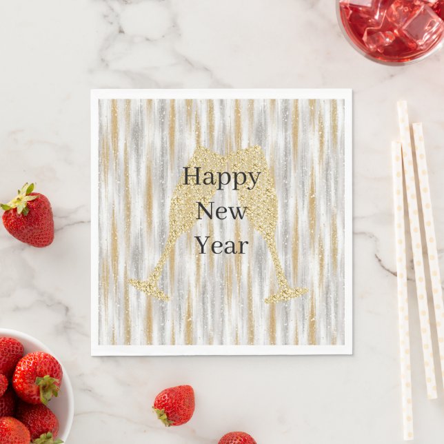 Diamond Champagne Glass Happy New Year Silver Gold Napkin (Insitu)