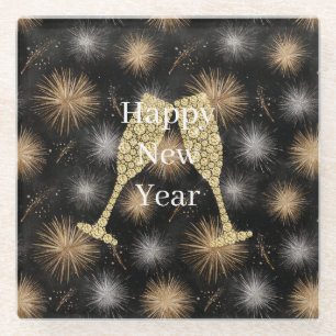Diamond Champagne Happy New Year Black Fireworks Glass Coaster