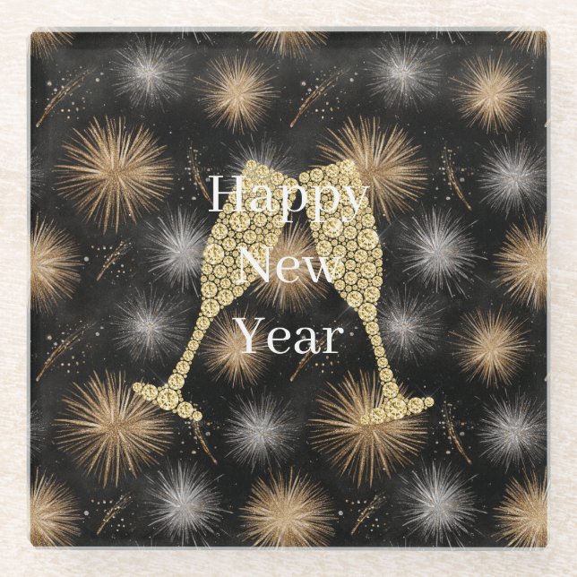 Diamond Champagne Happy New Year Black Fireworks Glass Coaster (Front)