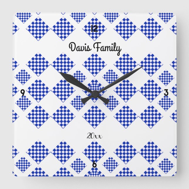 Diamond Check Blue White Square Wall Clock (Front)