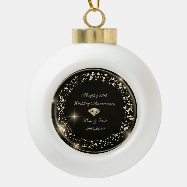 Diamond Confetti Black 25th Wedding Anniversary Ceramic Ball Christmas Ornament (Front)