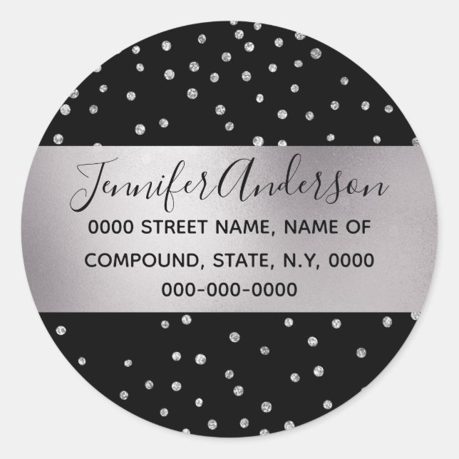 Diamond confetti shimmer black silver DIY Classic Round Sticker (Front)