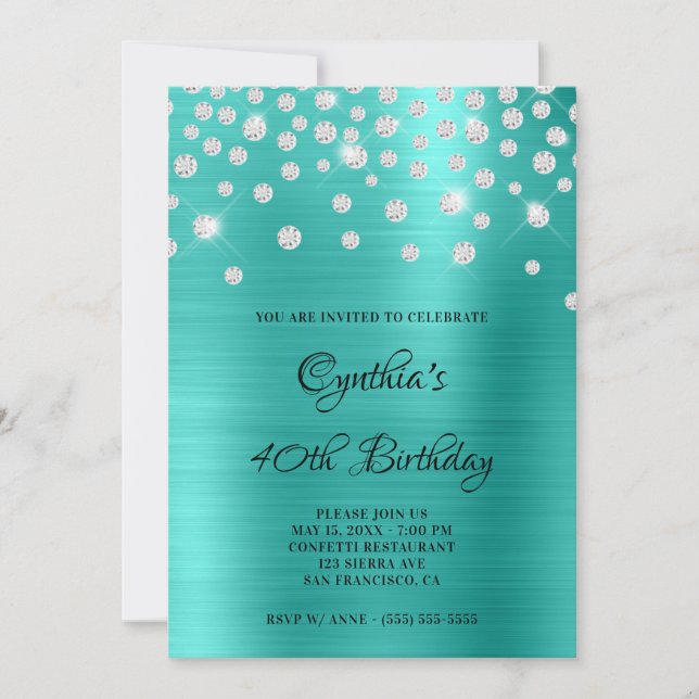Diamond Confetti Turquoise Satin Foil Ombre Invitation (Front)