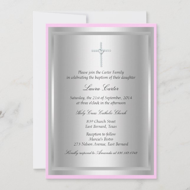 Diamond Cross Pink Baptism/Christening Invitation (Front)