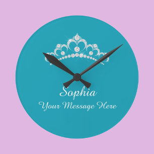 Diamond Crown, Name, Your Message, Teal Round Clock