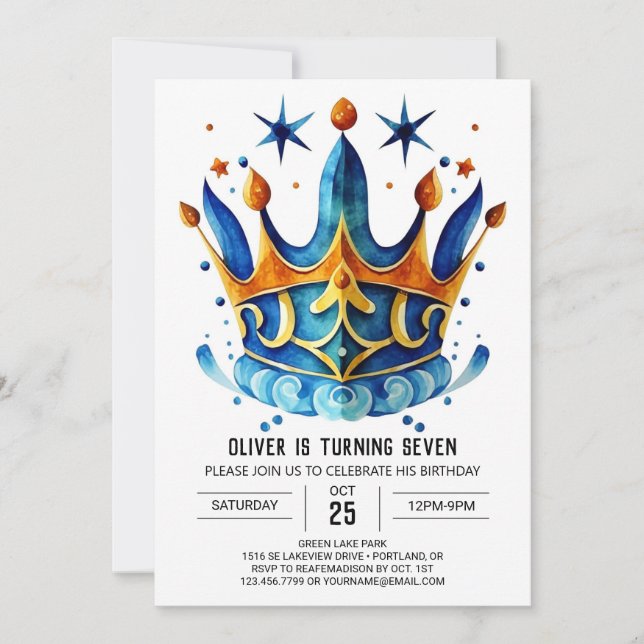 Diamond Custom Prince Crown Birthday Invitation (Front)
