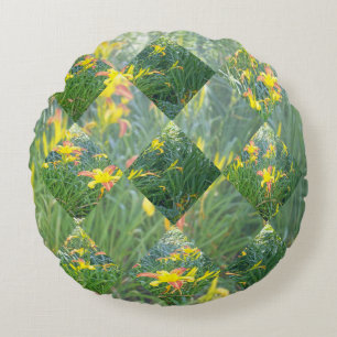 Diamond Cut Yellow Lily Field Geometrical Design, Round Pillow