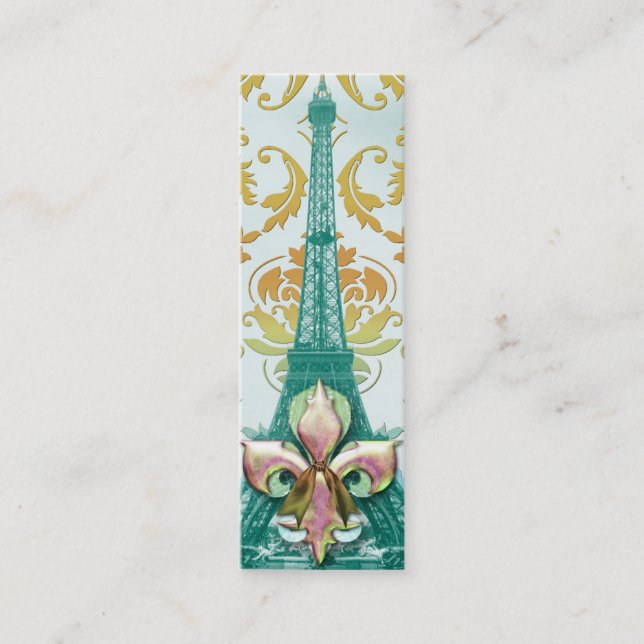 Diamond Damask, EIFFEL TOWER in Gold & Teal Mini Business Card (Front)