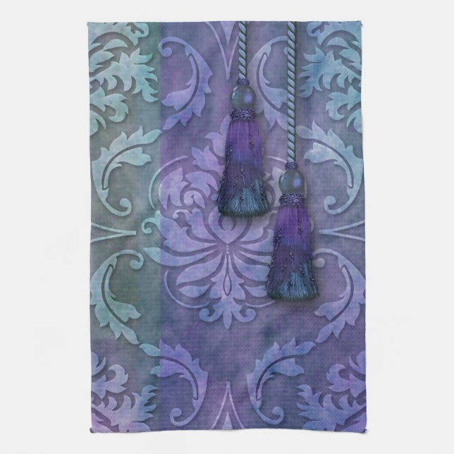Diamond Damask, MOROCCO in Teal and Purple Kitchen Towel (Vertical)