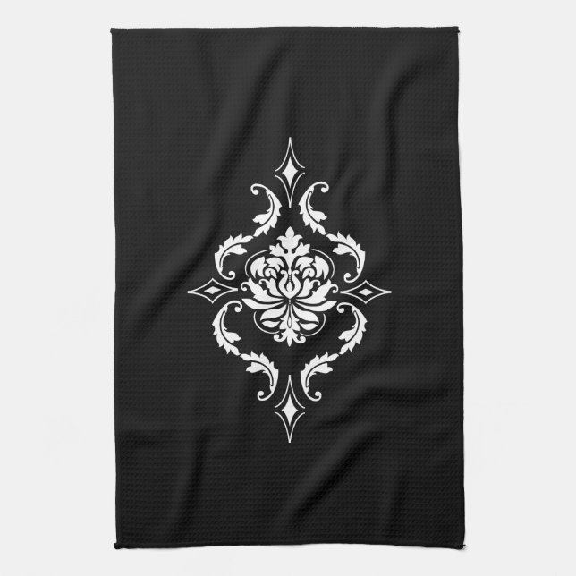 Diamond Damask, White on Black Kitchen Towel (Vertical)