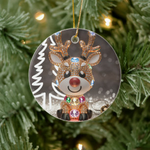 Diamond Dazzling Rudolf: A 3D Christmas Gem Ceramic Ornament