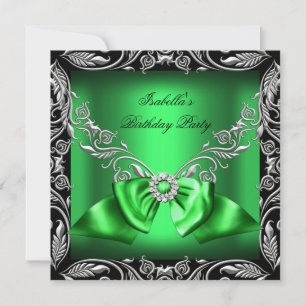 Diamond Deep Green Bow Silver Black Birthday Party Invitation
