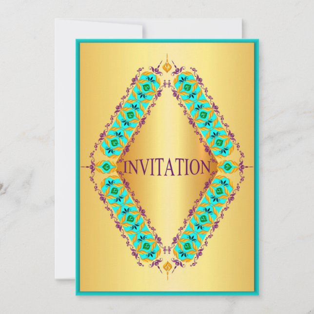 Diamond design blue and purple in gold invitation (Front)