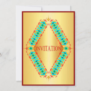 Diamond design blue and red in gold invitation