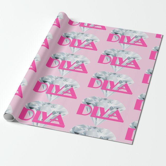 Diamond Diva Pink Gem Girly Text Typography    Wrapping Paper (Unrolled)
