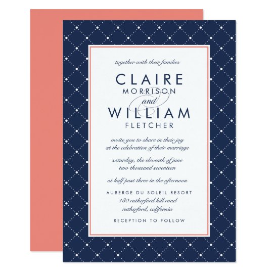 Diamond Dot Wedding Invitation | Coral and Navy