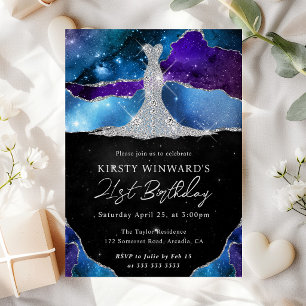 Diamond Dress and Galaxy Agate 21st Birthday Invitation