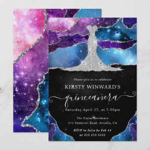 Diamond Dress and Galaxy Agate Quinceanera Invitation