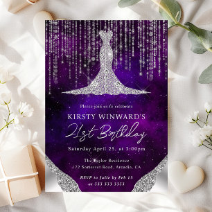 Diamond Dress & Bokeh String Lights 21st birthday Invitation