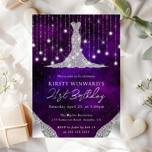 Diamond Dress & Bokeh String Lights 21st birthday Invitation
