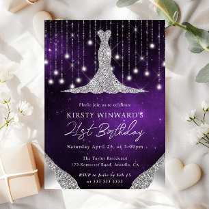 Diamond Dress & Bokeh String Lights 21st birthday Invitation