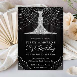 Diamond Dress & Bokeh String Lights 21st Birthday Invitation