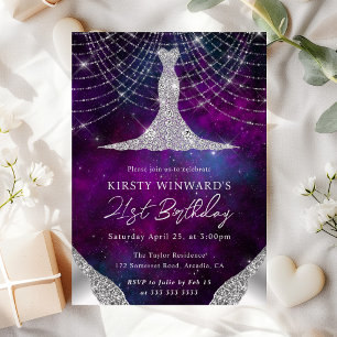 Diamond Dress & Bokeh String Lights 21st birthday Invitation