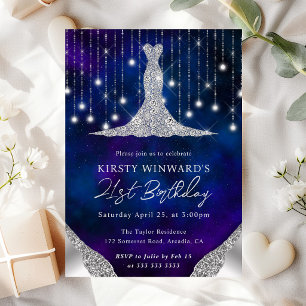 Diamond Dress & Bokeh String Lights 21st birthday Invitation
