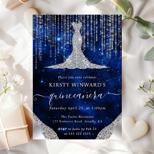 Diamond Dress & Bokeh String Lights Quinceanera Invitation