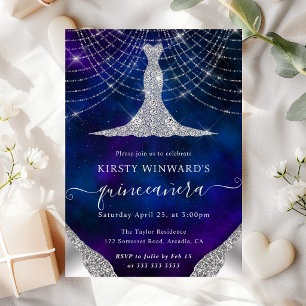 Diamond Dress & Bokeh String Lights Quinceanera Invitation