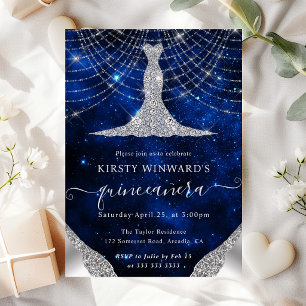Diamond Dress & Bokeh String Lights Quinceanera Invitation