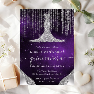 Diamond Dress & Bokeh String Lights Quinceanera Invitation