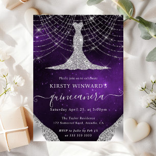 Diamond Dress & Bokeh String Lights Quinceanera Invitation