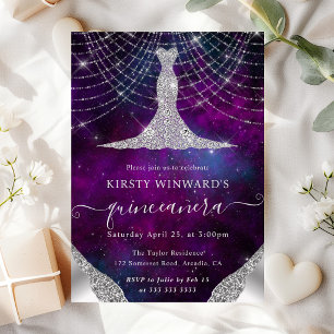 Diamond Dress & Bokeh String Lights Quinceanera Invitation