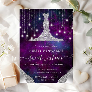 Diamond Dress & Bokeh String Lights Sweet 16 Invitation